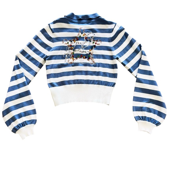 NEW Blue b White Stripe Multicolor Rhinestone Embroidered Rodeo Horse Sweater - Picture 5 of 5